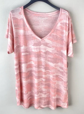 Lucky Brand Womens Top Pink Camo Print Soft Cotton Blend V Neck T Shirt Size 1X - Image 1 of 4
