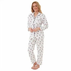 NEW Ladies 100% Brushed Cotton Winceyette 'Ivory Robin' Pyjama Set - Picture 1 of 2