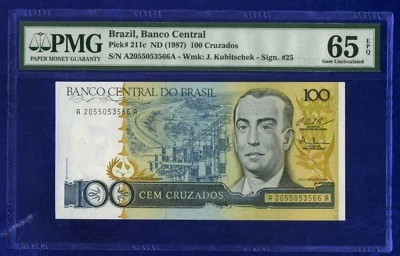 Brazil 100 CRUZADOS 1987 P211C GEM UNC PMG65 A2055053566 ES-2 - Image 1 of 2