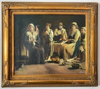 Pintura al óleo grande - Familia peregrina - Marco dorado ornamentado Foto 1 de 3