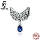 VOROCO Wings Of Angle dangle Charm 925 Sterling Silver With Blue Cubic Zircon
