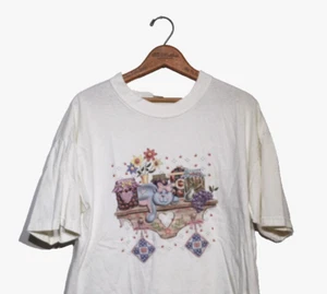 Cute Cat Vintage Art T-Shirt Baggy Sleeve Smock Fit Gym Studio Size Unisex Large - Picture 1 of 14