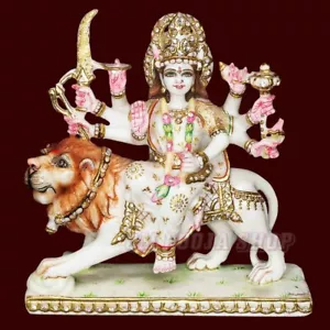 Mata Durga Idol in White Marble Statue Goddess Sherawali Jagdamba Murti OmPooja - Picture 1 of 5