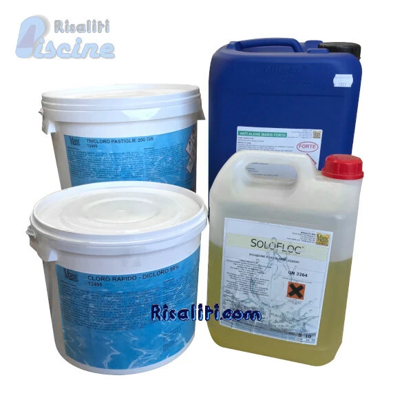 KIT PRODOTTI TRATTAMENTO STAGIONALE PISCINA CLORO TRICLORO ALGHICIDA PISCINE 100 - Immagine 1 di 1