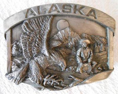 Vintage Alaska pewter belt buckle Siskiyou 1984 eagle & prospector / gold miner - Image 1 of 2