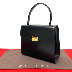 CELINE Triomphe Logo Metal Handbag Calfskin leather black 254-2 - Picture 1 of 8