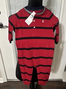 Ralph Lauren Baby Henley Rojo/Azul Marino Rayas Una Pieza - 9 Mo 100% Algodón Nuevo con Etiquetas - Imagen 1 de 4