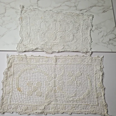 Antique Needle Lace Doilies 2 Cream Rectangle Handmade Floral Swirl Victorian - Image 1 of 4