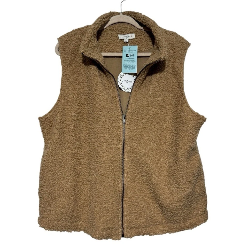 Umgee NWT Faux Sherpa Brown Tan Full Zip Vest Jacket Plus Size 1XL Fall Cozy - Image 1 of 4