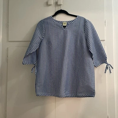 Blair 衬衫女式 M 大号蓝色条纹 V 领 3/4 袖棉质休闲套衫 — 第 1/3 张图片