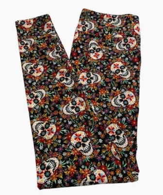 LuLaRoe Leggings OS One Size BLACK WHITE Sugar Skull WITCHFUL HALLOWEEN Flower - Image 1 of 4