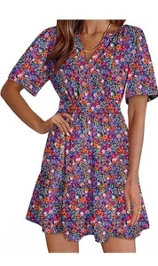 Dokotoo Women's V-Neck Floral Lace Mini Dress Long Sleeve Boho Flowy Fall-SIZE L - Picture 1 of 5