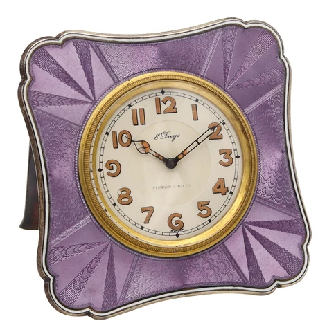Tiffany & Co 1920 Art Deco 8 Days Desk Clock Sterling Silver & Guilloche Enamel Cover