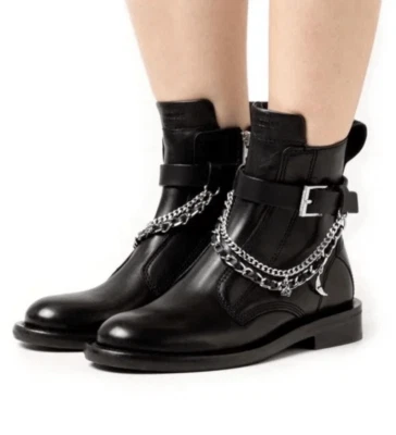 Zadig & Voltaire Laureen Black Leather & Silver Chain Ankle Booties size 8/38 ne - Image 1 of 4