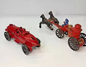 Cast Iron Toys (Set Of 2) Red Racer & 2 Piece Fire Wagon - Picture 1 of 7