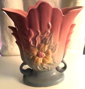 Vintage Vase Rumpf Kunstkeramik Magnolie Rosa & Blau USA 1 Doppelgriffe 8,5" - Bild 1 von 13