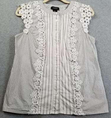 Jones New York Top Womens Medium M White Blue Striped Floral Lace Trim Button Up - Image 1 of 4