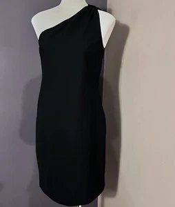 MINT! Theory SZ 4 Black One Shoulder Side Zip Wool Lycra Sheath Dress Stretch XS - Picture 1 of 14