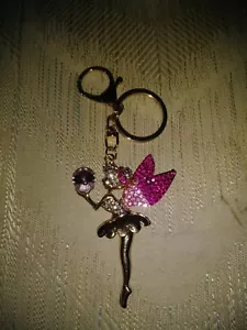 Fairy Tinkerbell Keychain Gold Pink Rhinestones 3"x2" Princess Fae - Picture 1 of 4