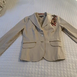 Ann Taylor Khaki Tan Three Button Blazer Cotton Blend Beaded Embroidered Women 2 - Picture 1 of 12