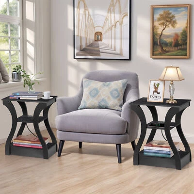 2X End Table with Charger Station 3-Tier Storage Shelves for Small Spaces Black - Image 1 of 4