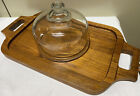 Vtg Goodwood Solid Teak Two Handled Charcuterie Board/Cheese Dome Serving Tray