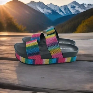 ANNA KANDY-2 Women's RAINBOW Sparkly Slide Sandal Platform Two Wide Straps - Picture 1 of 8