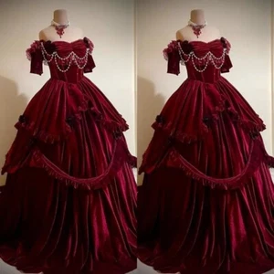 Burgundy Velvet Prom Dresses Princess Beading Off The Shoulder Evening Gowns - Picture 1 of 7