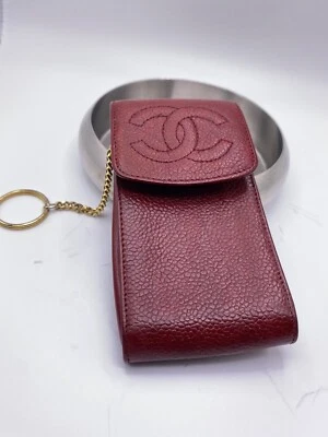 CHANEL Coco Cigarette/card/key  Case w/Gold Chain & Key Ring Red Caviar Leather - Image 1 of 4