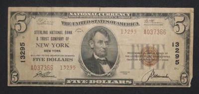 SERIES OF 1929 $5 STERLING NATIONAL BANK & TRUST OF NEW YORK NATIONAL CURRENCY - Image 1 of 2
