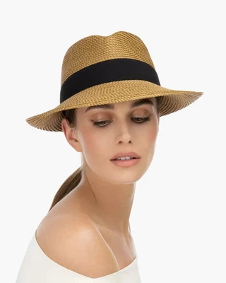 Eric Javits Classic Squishee Straw Packable Fedora Sun Hat Natural/Black $325 - Image 1 of 4
