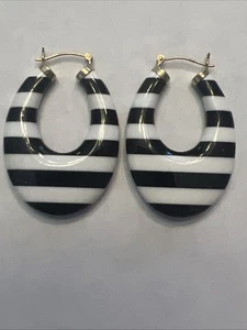 Ross Simons 14k Yellow gold Murano White – Black Glass puffy hoop earrings - Picture 1 of 5