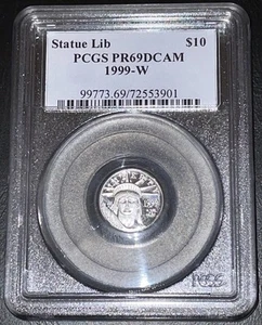 1999 W $10 1/10 Platinum Eagle PCGS PR69 DCAM Statua Liberty - Foto 1 di 5