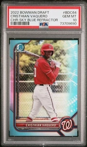 2022 Bowman Draft Cristhian Vaquero Sky Blue Refractor #BDC-64 PSA 10 Gem Mint - Bild 1 von 2