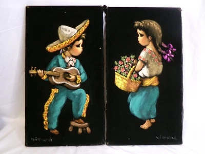 Pair of NOEL ESPINOZA Velvet Paintings MEXICO ART Mariachi & Dancing Girl - Image 1 of 4
