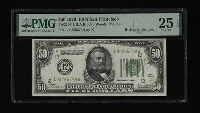 DBR 1928 $50 FRN San Francisco Numeral Fr. 2100-L PMG 25 EPQ Serial L00265379A - Image 1 of 2