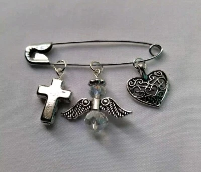 Safety Pin Cross Heart Angel Charms Brooch Handmade Christian Spiritual Guardian - Image 1 of 4
