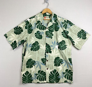 HILO HATTIE Hawaiian Shirt Mens Large Vintage Print USA Made Green Leaf Aloha