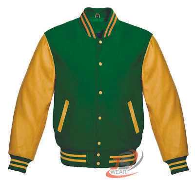 Varsity Bomber Letterman Green Wool & Cowhide Gold Leather Sleeves Jackets - Image 1 of 3