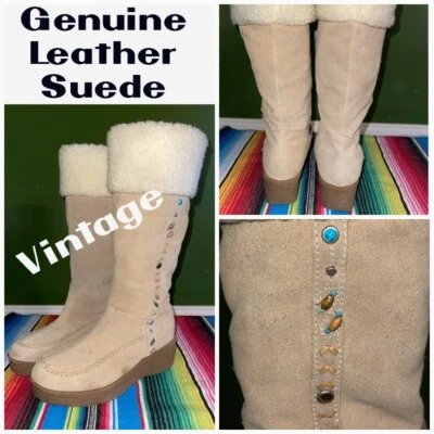 Steve Madden Boots Women 7.5 Beige Seminole Suede Y2K Turquoise Beads Studs - Image 1 of 4