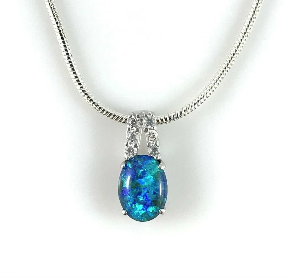Ciondolo collana opale naturale in argento sterling con zirconi cubici, opale... - Immagine 1 di 4