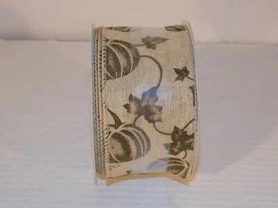 Harvest Ribbon Wired Autumn Fall Wreath Edge Craft  2.5" Celebrate Pumpkins Tan - Image 1 of 3