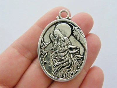 Colgante grande PLUMA AULLANTE LUNA LOBO 24" Plata de Ley 925 Cadena Mujer Hombre Foto 1 de 4