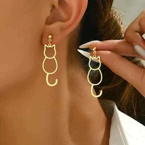 Cute Golden Hollow Cat Dangle Drop Earrings Women's Fashion Jewelry Gift New - Picture 1 of 5