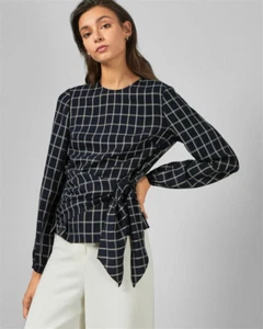 Ted Baker dunkelblau Toulaa kariertes Oberteil mit Bindeband Taille Gr. 1 (US 4) neu ohne Etikett UVP 245 $ - Bild 1 von 10
