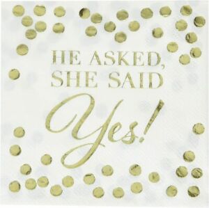 Wedding Paper Cocktail Napkins x16 Serviettes She Said Yes Gold Table Decor
