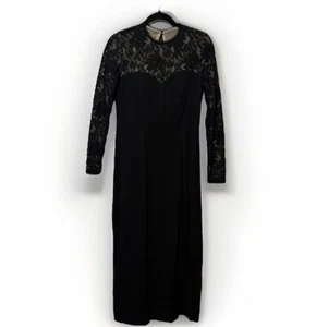 Vintage 80er Spitzen Langarm Kleid Schwarz Medium Krepp Midi Schlitz House of Bianchi - Bild 1 von 9