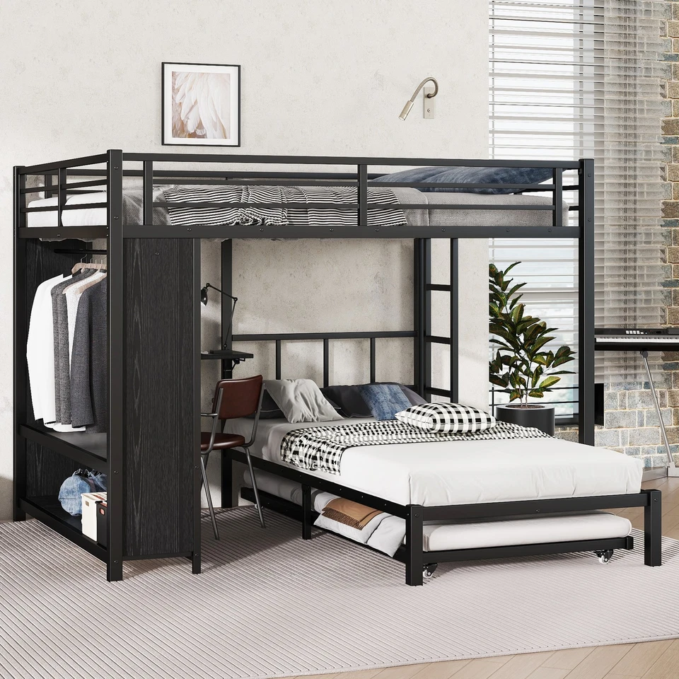 Metal Queen over Twin Bunk Bed W/Trundle Built-in Wardrobe /Foldable Desk/Ladder - Image 1 of 1