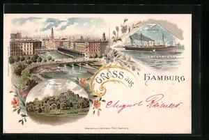 Lithographie Hamburg, Alster-Arcaden, Blankenese, Dampfer Auguste-Victoria 1898 - Bild 1 von 2