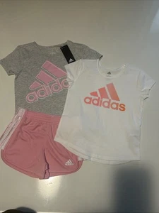 Adidas Girls 3 Piece Set Tee Shirts and Shorts (Pink White Gray, Size 7) New - Picture 1 of 6